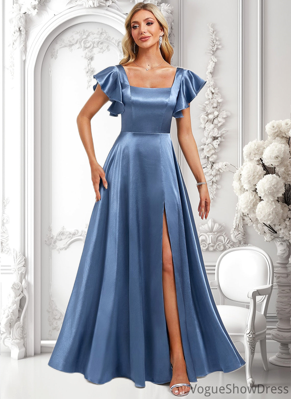 Ashlee A-line Square Floor-Length Stretch Satin Bridesmaid Dress With Ruffle DLP0025769