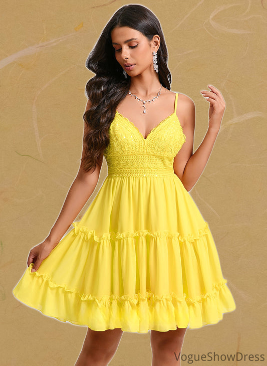 Makena A-line V-Neck Short Chiffon Homecoming Dress With Ruffle Sequins DLP0025700