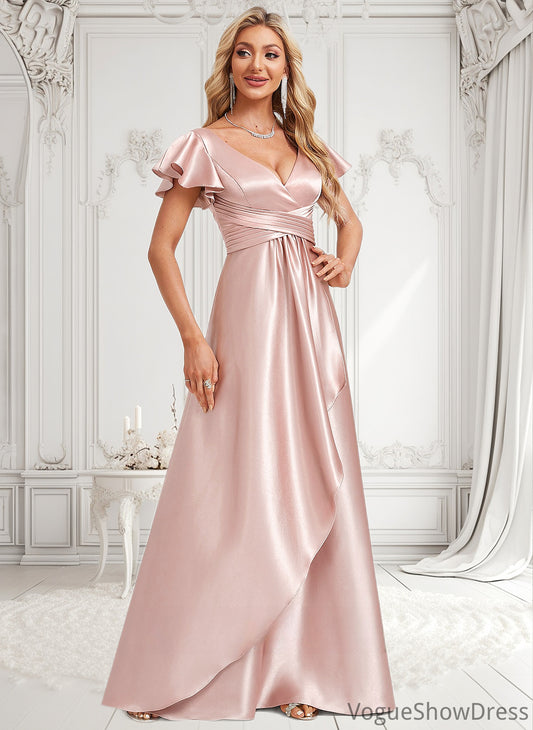 Lilith A-line V-Neck Floor-Length Stretch Satin Bridesmaid Dress With Ruffle DLP0025787