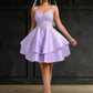 Sophia A-line V-Neck Short Satin Homecoming Dress With Appliques Lace DLP0025692