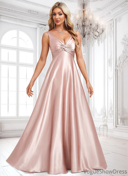 Valery A-line V-Neck Floor-Length Stretch Satin Bridesmaid Dress DLP0025779