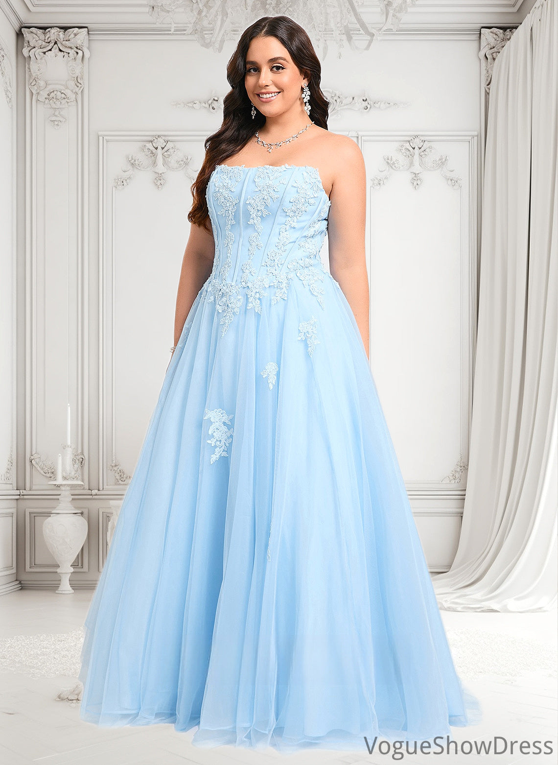 Natalia Ball-Gown/Princess Straight Sweep Train Tulle Prom Dresses With Sequins Appliques Lace DLP0025864