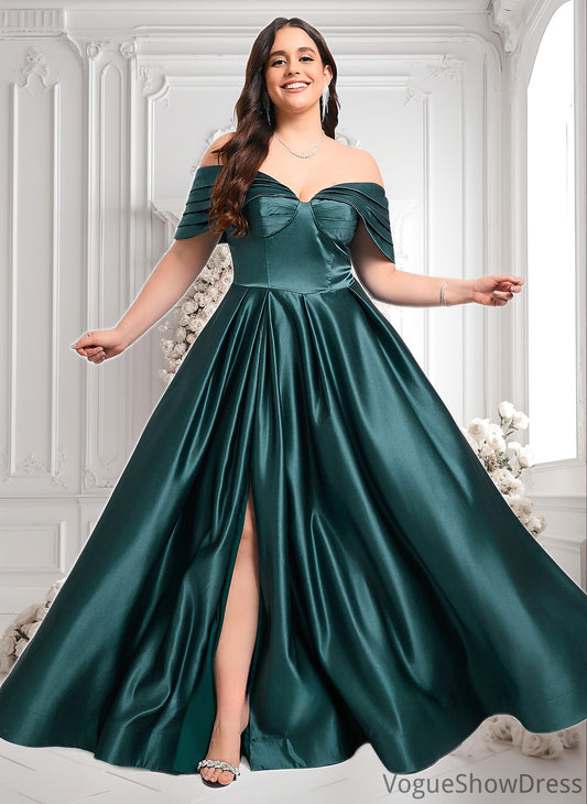 Camille A-line Off the Shoulder Floor-Length Satin Prom Dresses With Pleated DLP0025851