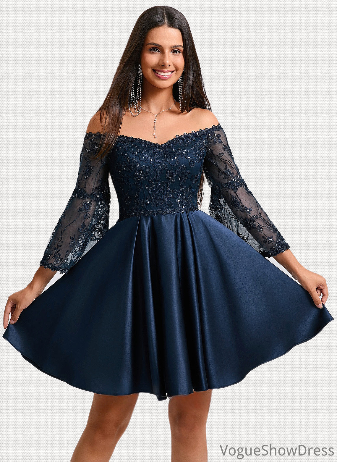 Aileen A-line Off the Shoulder Short Satin Homecoming Dress With Sequins DLP0025651