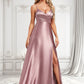 Frida A-line V-Neck Floor-Length Stretch Satin Bridesmaid Dress DLP0025822