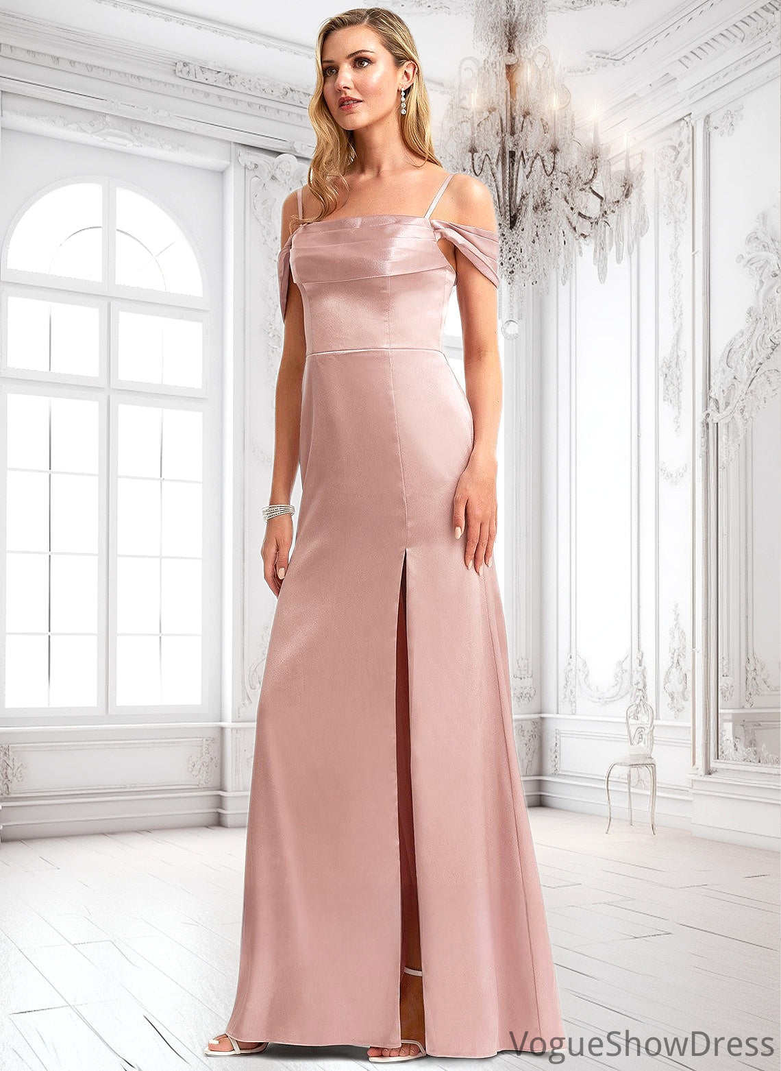 Vicky A-line Cold Shoulder Floor-Length Stretch Satin Bridesmaid Dress DLP0025747