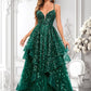 Yazmin Ball-Gown/Princess V-Neck Floor-Length Lace Floral Prom Dresses With Sequins DLP0025838