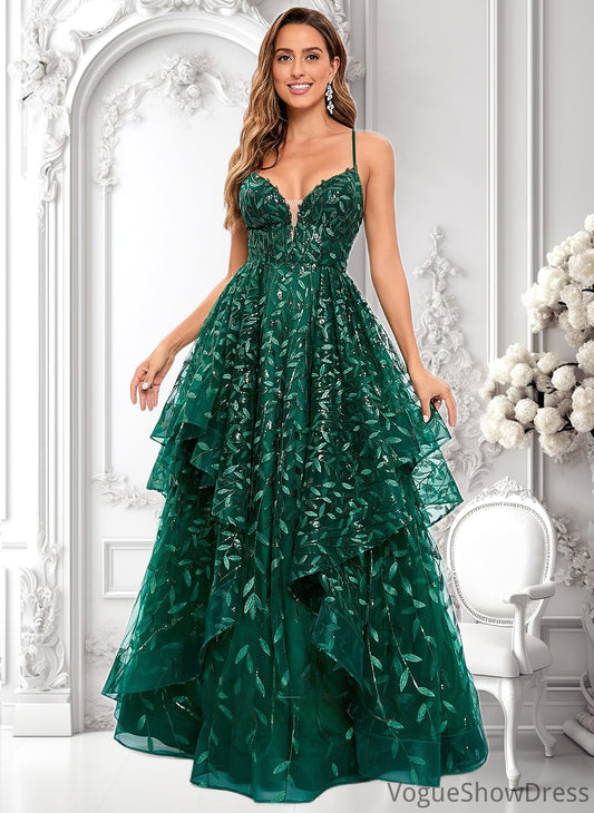 Yazmin Ball-Gown/Princess V-Neck Floor-Length Lace Floral Prom Dresses With Sequins DLP0025838