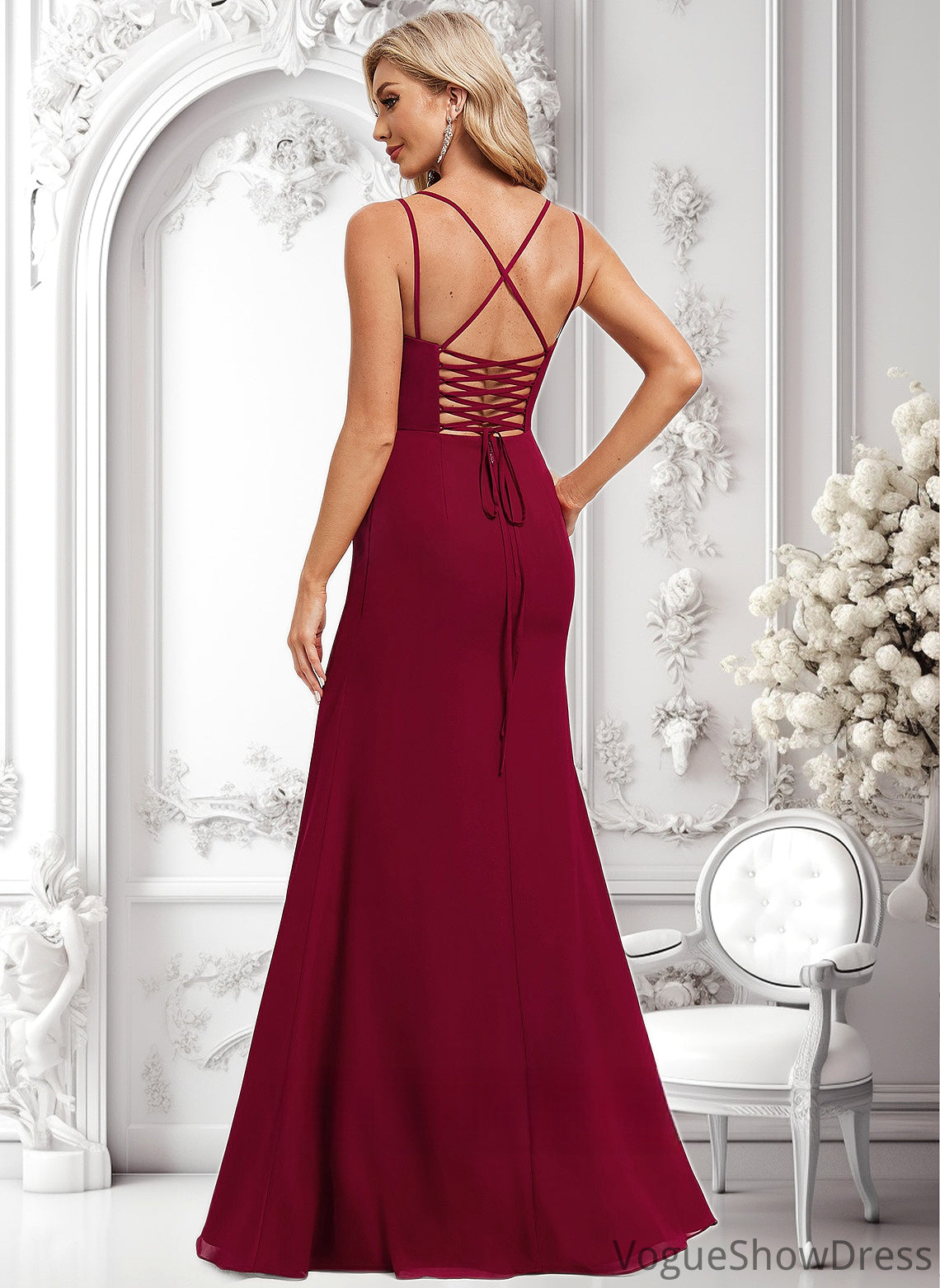 Ruby Trumpet/Mermaid Square Floor-Length Chiffon Bridesmaid Dress DLP0025826