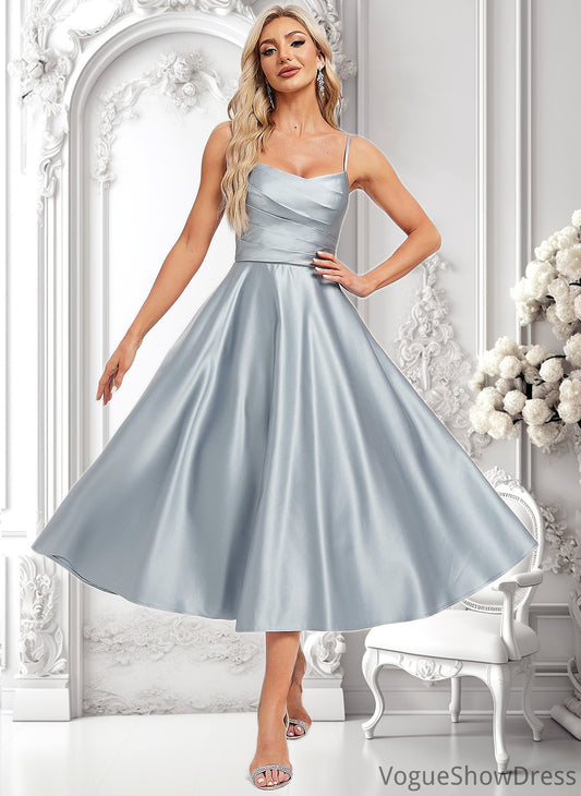 Keira A-line V-Neck Tea-Length Satin Bridesmaid Dress DLP0025794