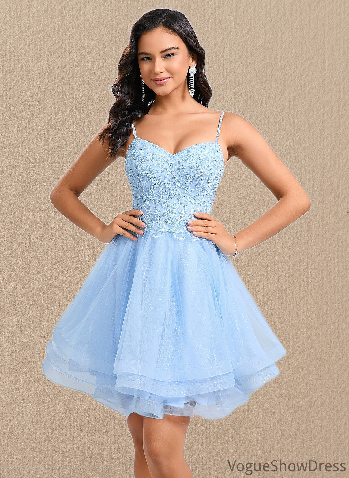 Alexis A-line V-Neck Short Lace Tulle Homecoming Dress With Rhinestone Sequins DLP0025658