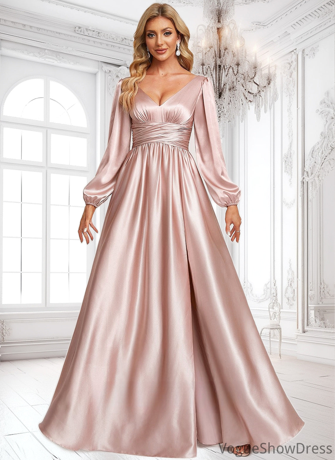 Amaris A-line V-Neck Floor-Length Stretch Satin Prom Dresses DLP0025880