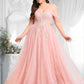 Talia A-line Sweetheart Off the Shoulder Floor-Length Tulle Floral Lace Prom Dresses With Appliques Lace DLP0025870