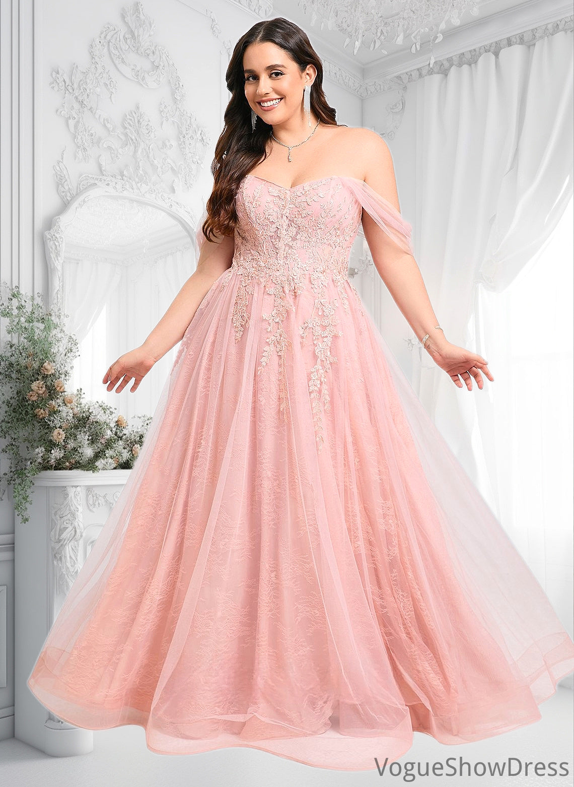 Talia A-line Sweetheart Off the Shoulder Floor-Length Tulle Floral Lace Prom Dresses With Appliques Lace DLP0025870