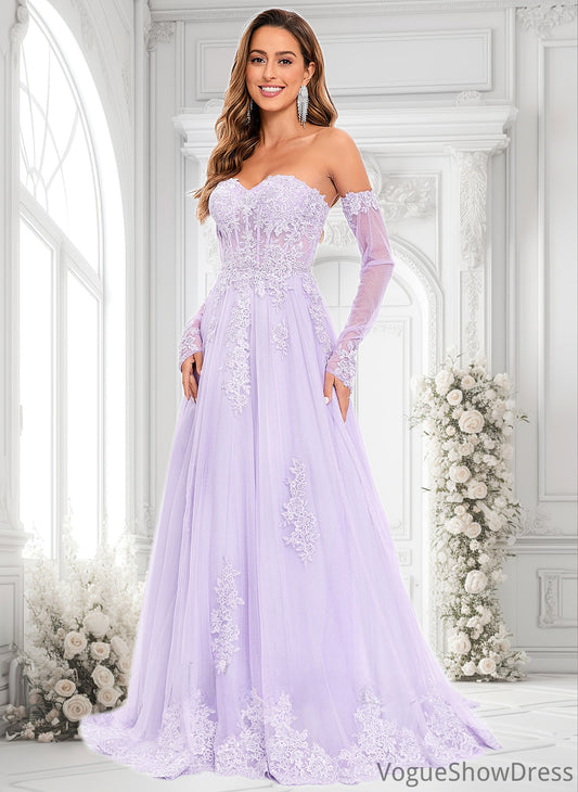 Patricia A-line Sweetheart Sweep Train Tulle Prom Dresses With Sequins Appliques Lace DLP0025856