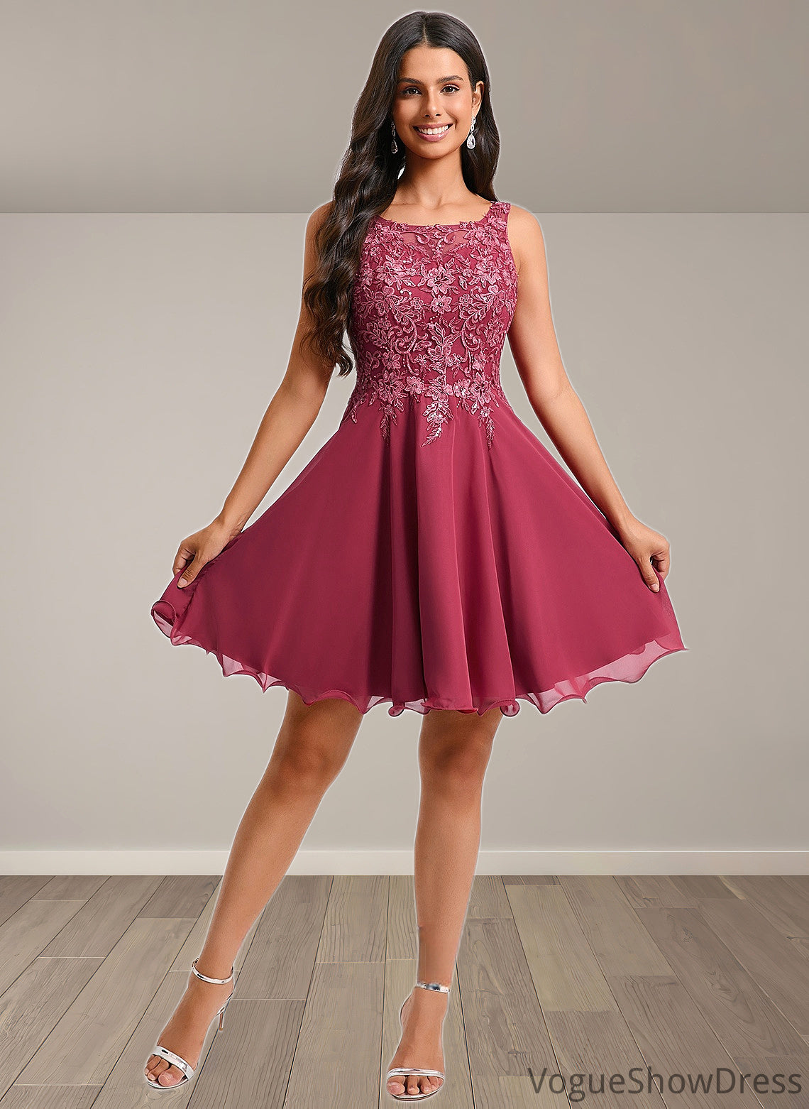 Vivien A-line Scoop Short Chiffon Homecoming Dress With Sequins Appliques Lace DLP0025681