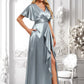 Sandy A-line V-Neck Floor-Length Stretch Satin Bridesmaid Dress With Ruffle DLP0025767