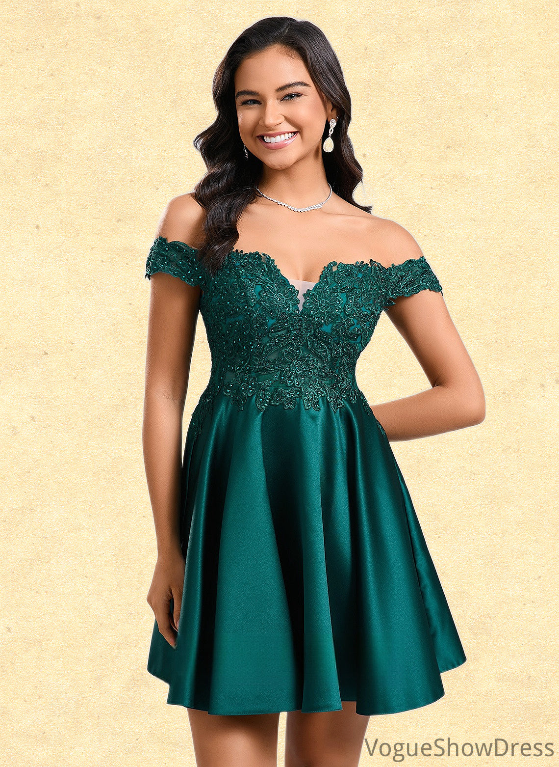 Millicent A-line Off the Shoulder Short Lace Satin Homecoming Dress With Rhinestone DLP0025718