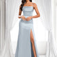 Stephanie Trumpet/Mermaid Off the Shoulder Square Floor-Length Satin Prom Dresses With Ruffle DLP0025883