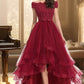 Scarlett A-line Off the Shoulder Asymmetrical Lace Tulle Homecoming Dress With Beading Bow Sequins DLP0020535