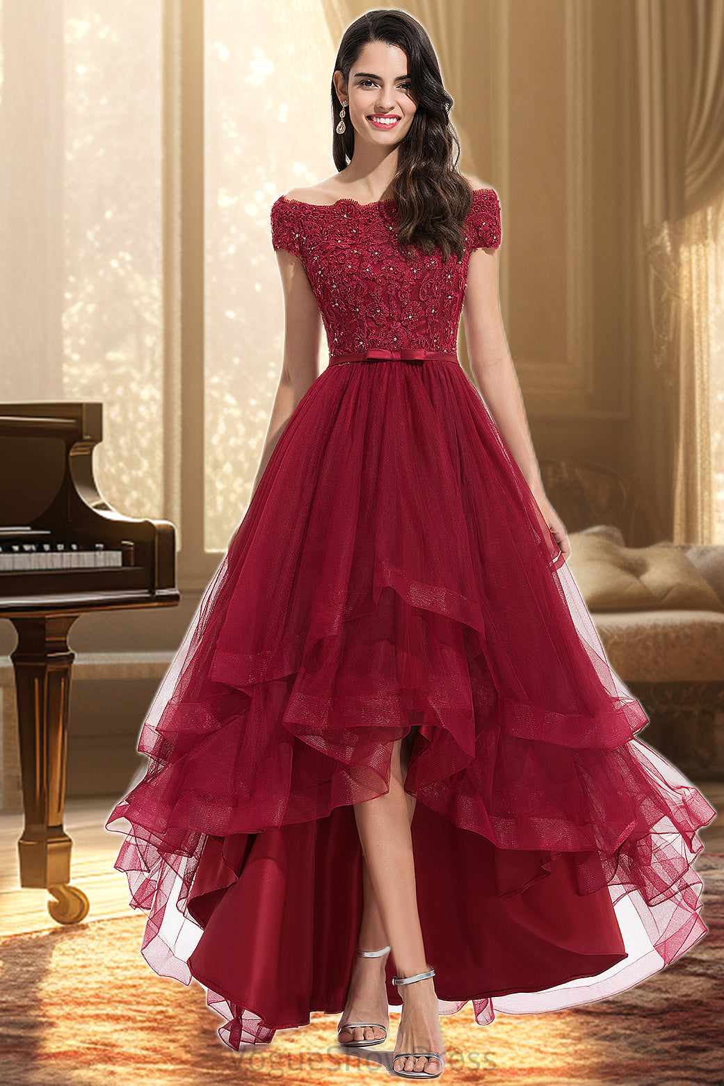 Scarlett A-line Off the Shoulder Asymmetrical Lace Tulle Homecoming Dress With Beading Bow Sequins DLP0020535