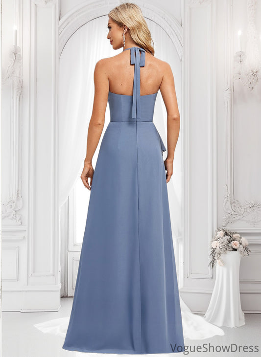 Madelyn A-line Halter Floor-Length Chiffon Bridesmaid Dress DLP0025799