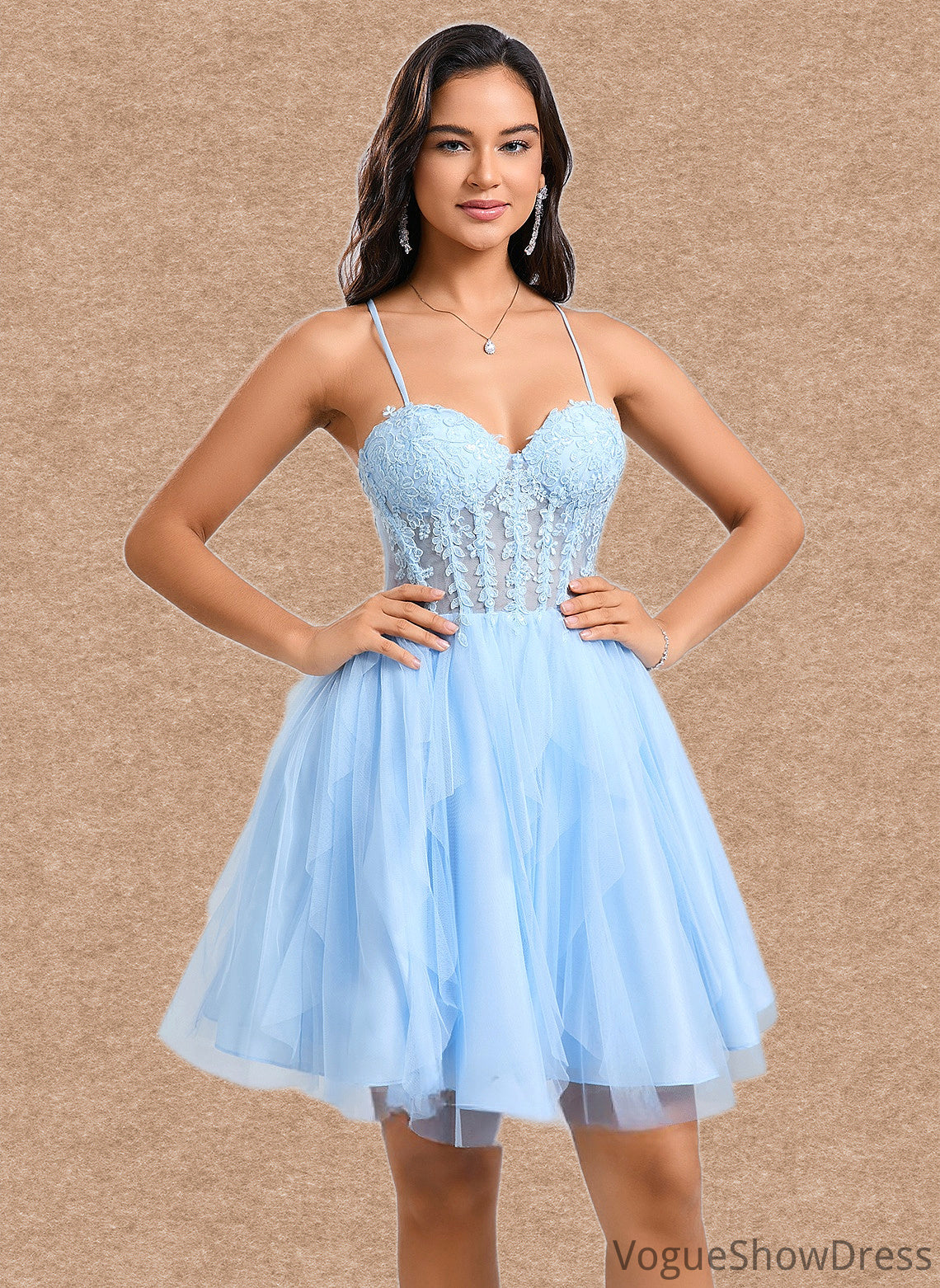 Raelynn Ball-Gown/Princess Sweetheart Short Lace Tulle Homecoming Dress With Ruffle DLP0025707