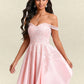 Camryn A-line Off the Shoulder Short Satin Homecoming Dress With Rhinestone Beading Appliques Lace DLP0025679