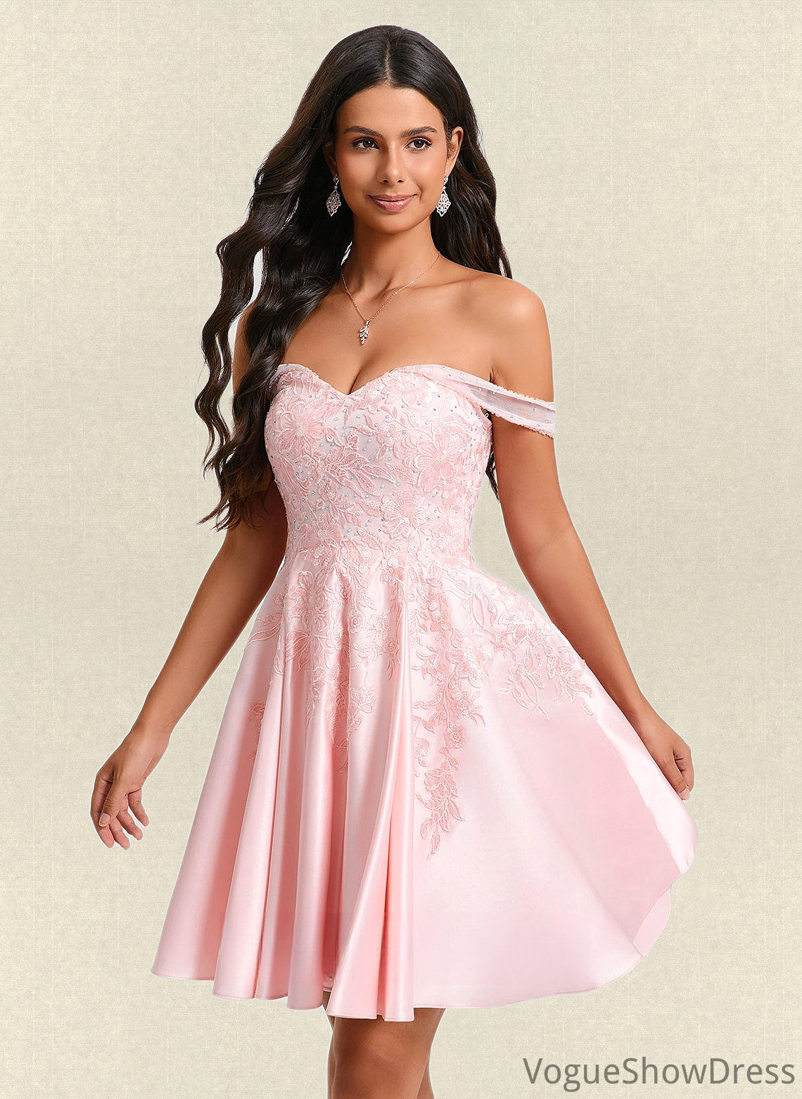 Camryn A-line Off the Shoulder Short Satin Homecoming Dress With Rhinestone Beading Appliques Lace DLP0025679