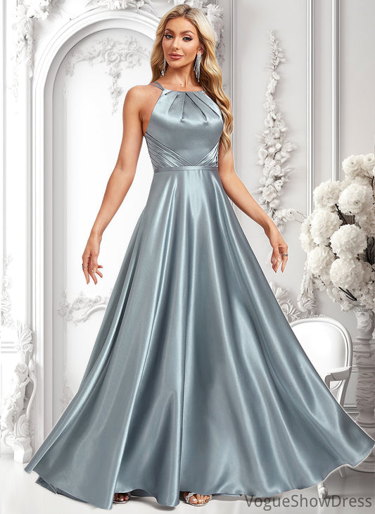 Heather A-line Halter Floor-Length Stretch Satin Bridesmaid Dress DLP0025783