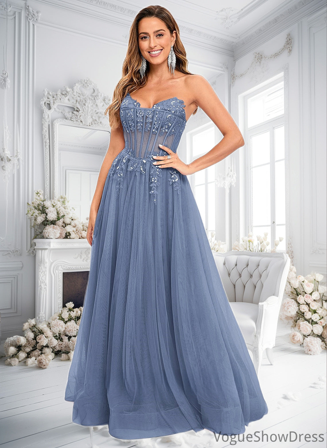 Jaylyn Ball-Gown/Princess V-Neck Floor-Length Tulle Prom Dresses With Sequins Appliques Lace DLP0025837