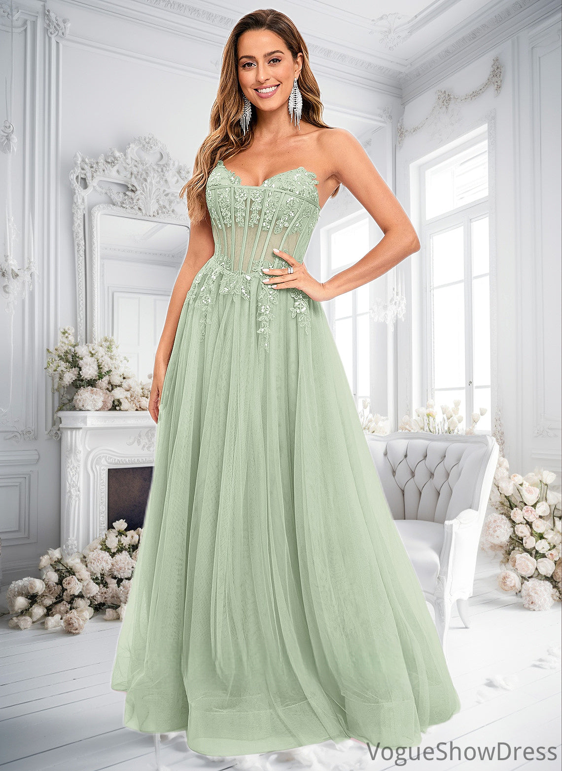 Jaylyn Ball-Gown/Princess V-Neck Floor-Length Tulle Prom Dresses With Sequins Appliques Lace DLP0025837