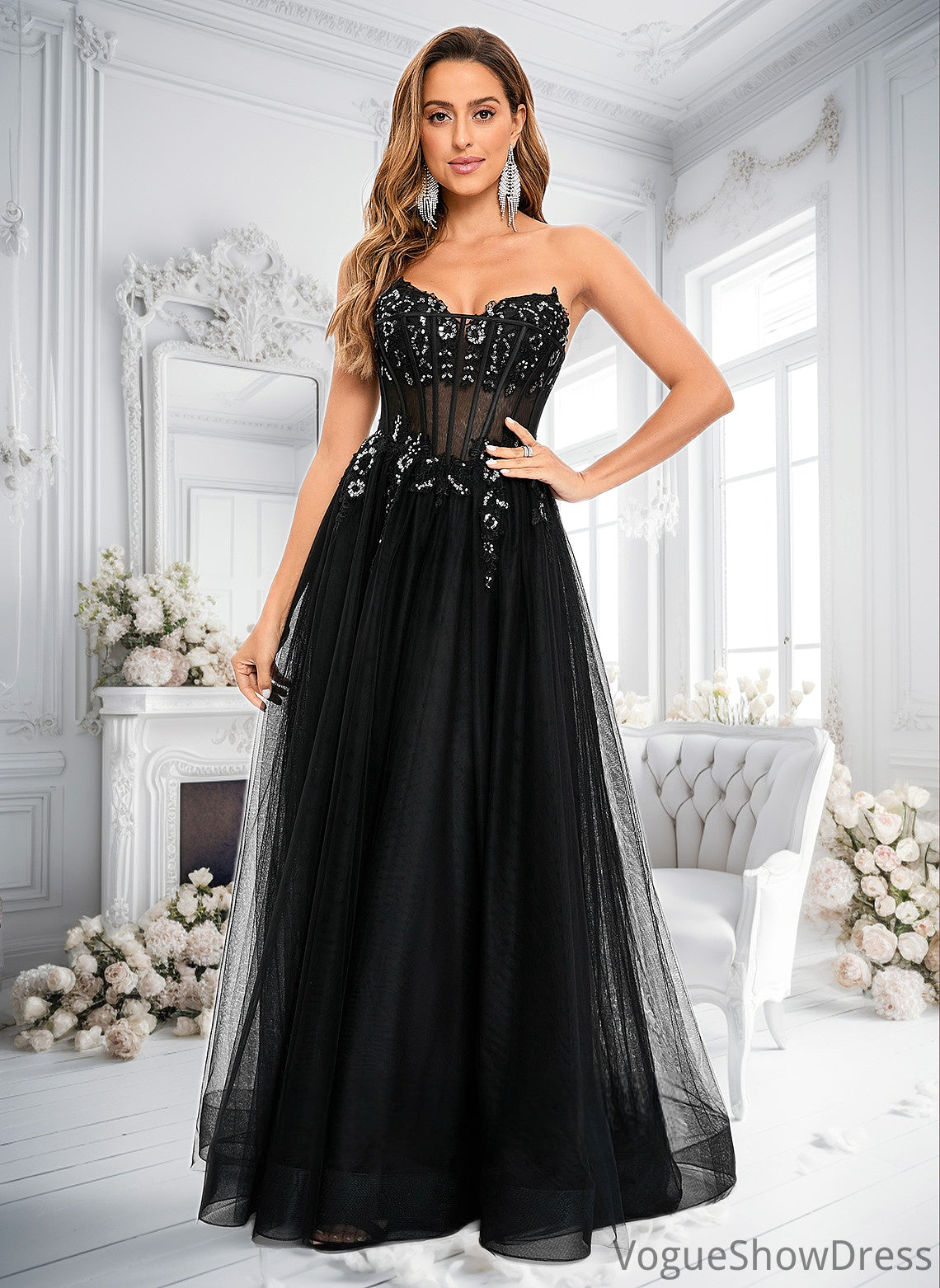 Jaylyn Ball-Gown/Princess V-Neck Floor-Length Tulle Prom Dresses With Sequins Appliques Lace DLP0025837