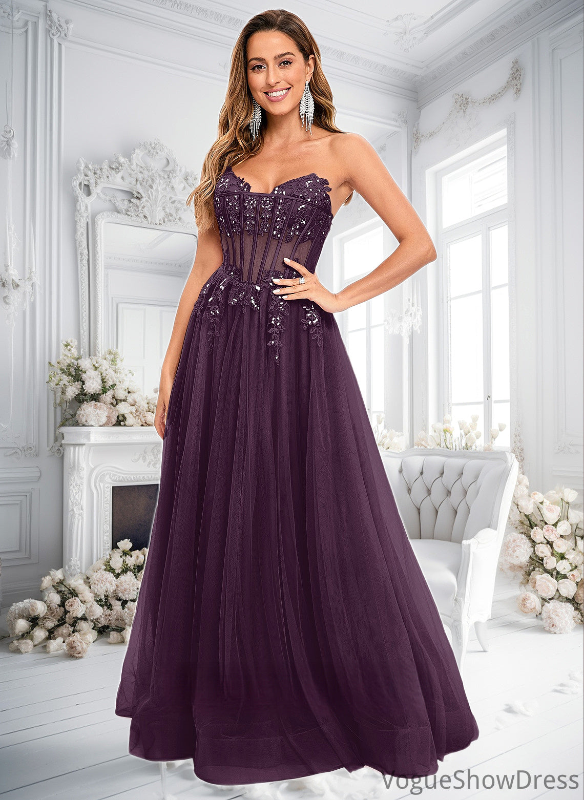 Jaylyn Ball-Gown/Princess V-Neck Floor-Length Tulle Prom Dresses With Sequins Appliques Lace DLP0025837