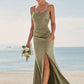 Trumpet/Mermaid Scoop Neck Sleeveless Floor-Length Stretch Satin Bridesmaid Dresses with Pleated Split Nora DLP0025219