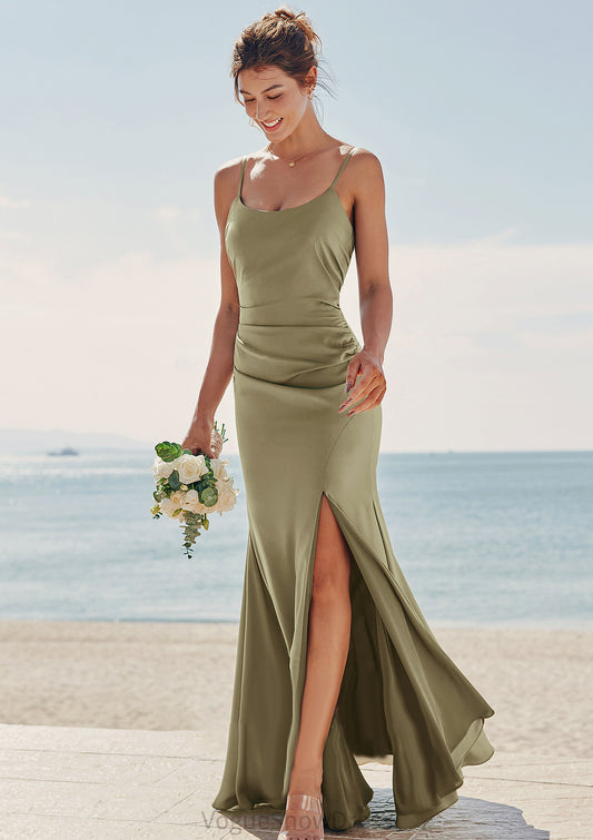 Trumpet/Mermaid Scoop Neck Sleeveless Floor-Length Stretch Satin Bridesmaid Dresses with Pleated Split Nora DLP0025219