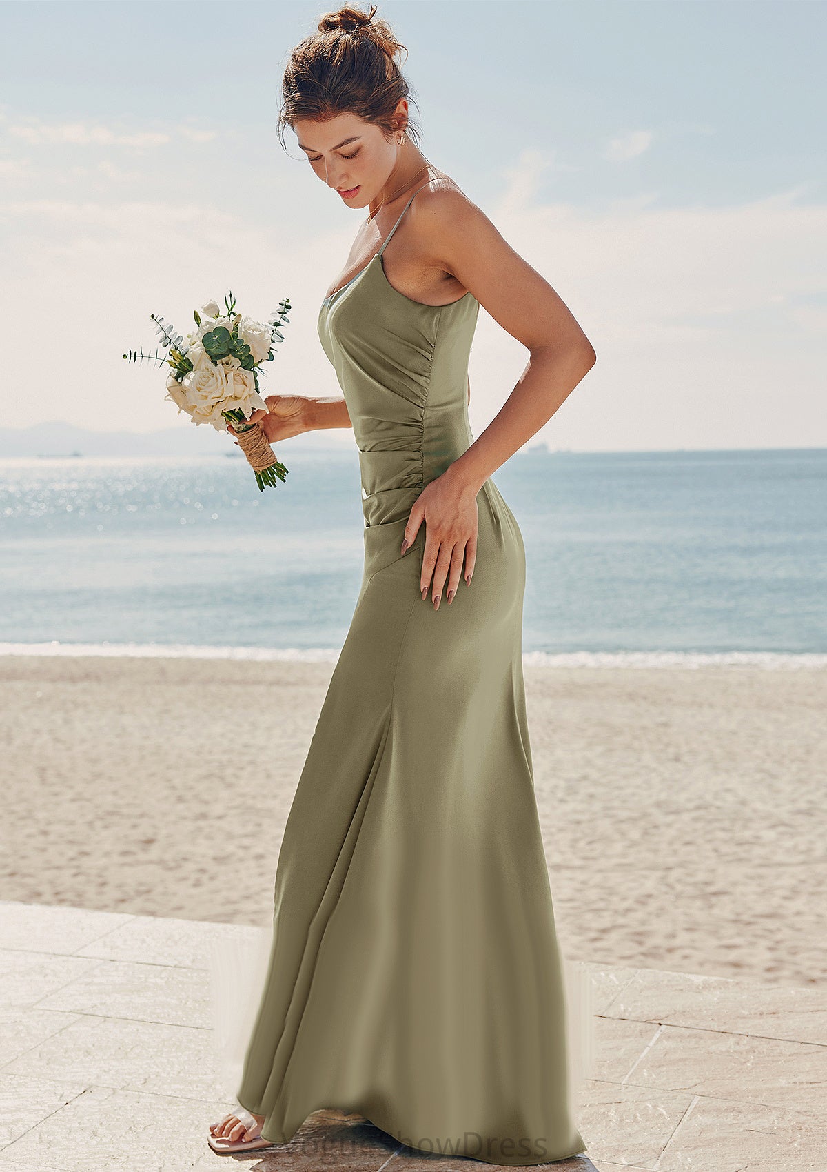 Trumpet/Mermaid Scoop Neck Sleeveless Floor-Length Stretch Satin Bridesmaid Dresses with Pleated Split Nora DLP0025219