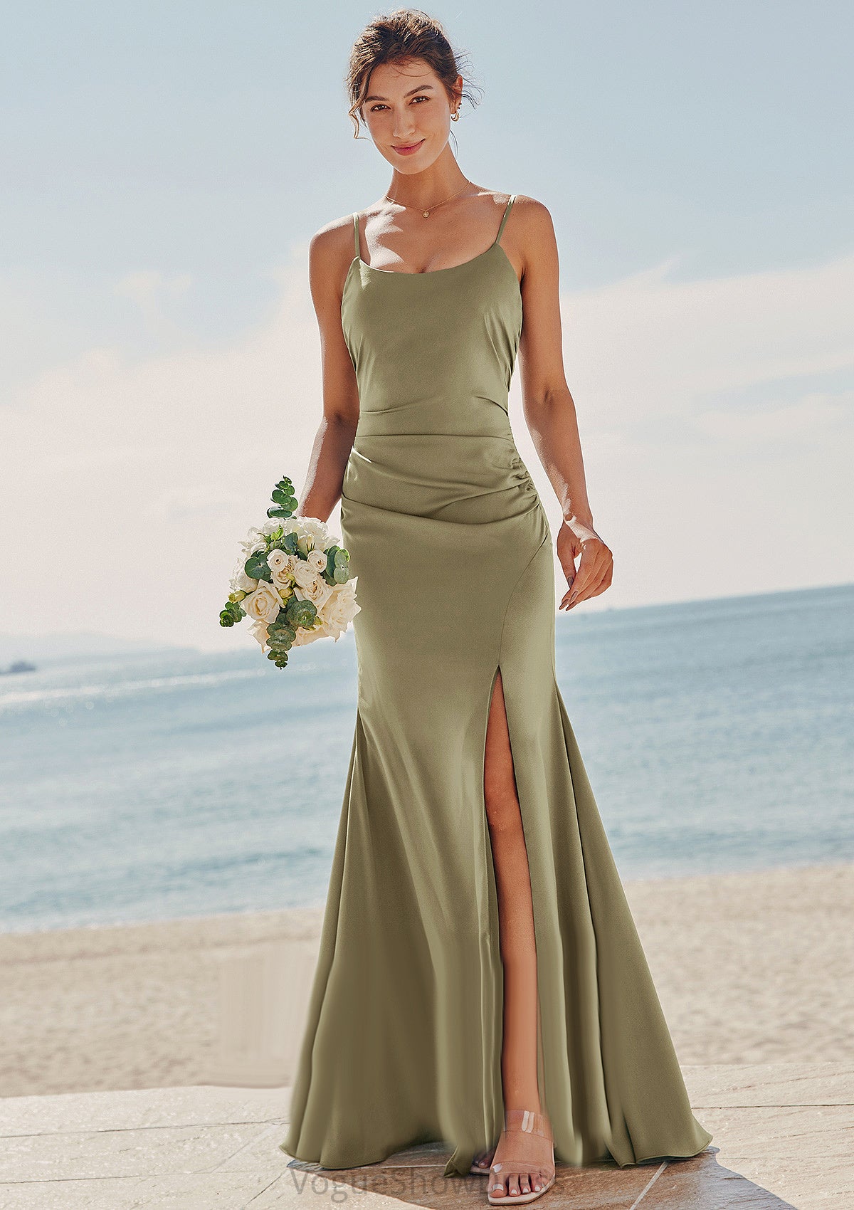 Trumpet/Mermaid Scoop Neck Sleeveless Floor-Length Stretch Satin Bridesmaid Dresses with Pleated Split Nora DLP0025219