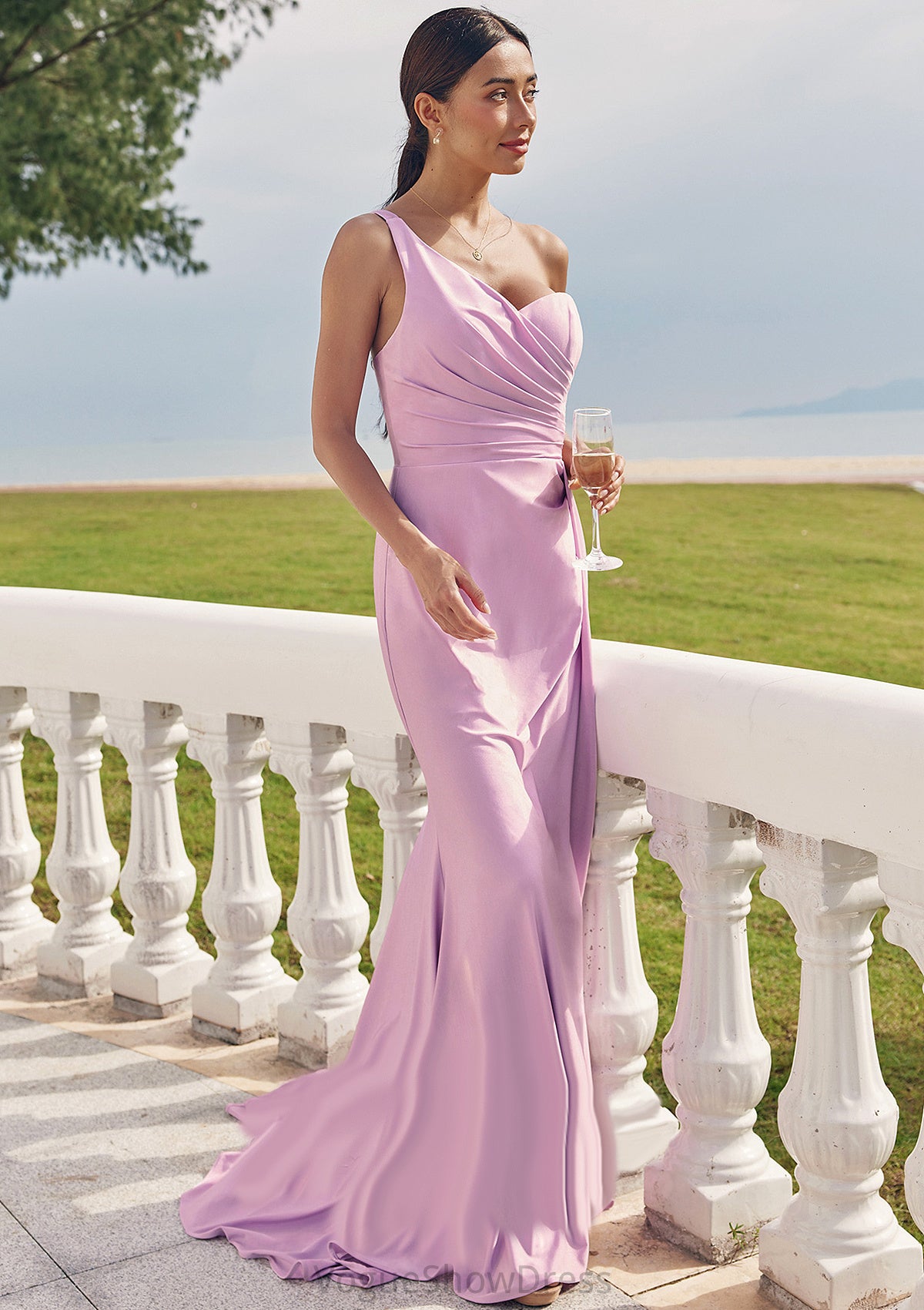 Trumpet/Mermaid One-Shoulder Sleeveless Floor-Length Jersey Bridesmaid Dresses with Pleated Side Draping Elisa DLP0025234