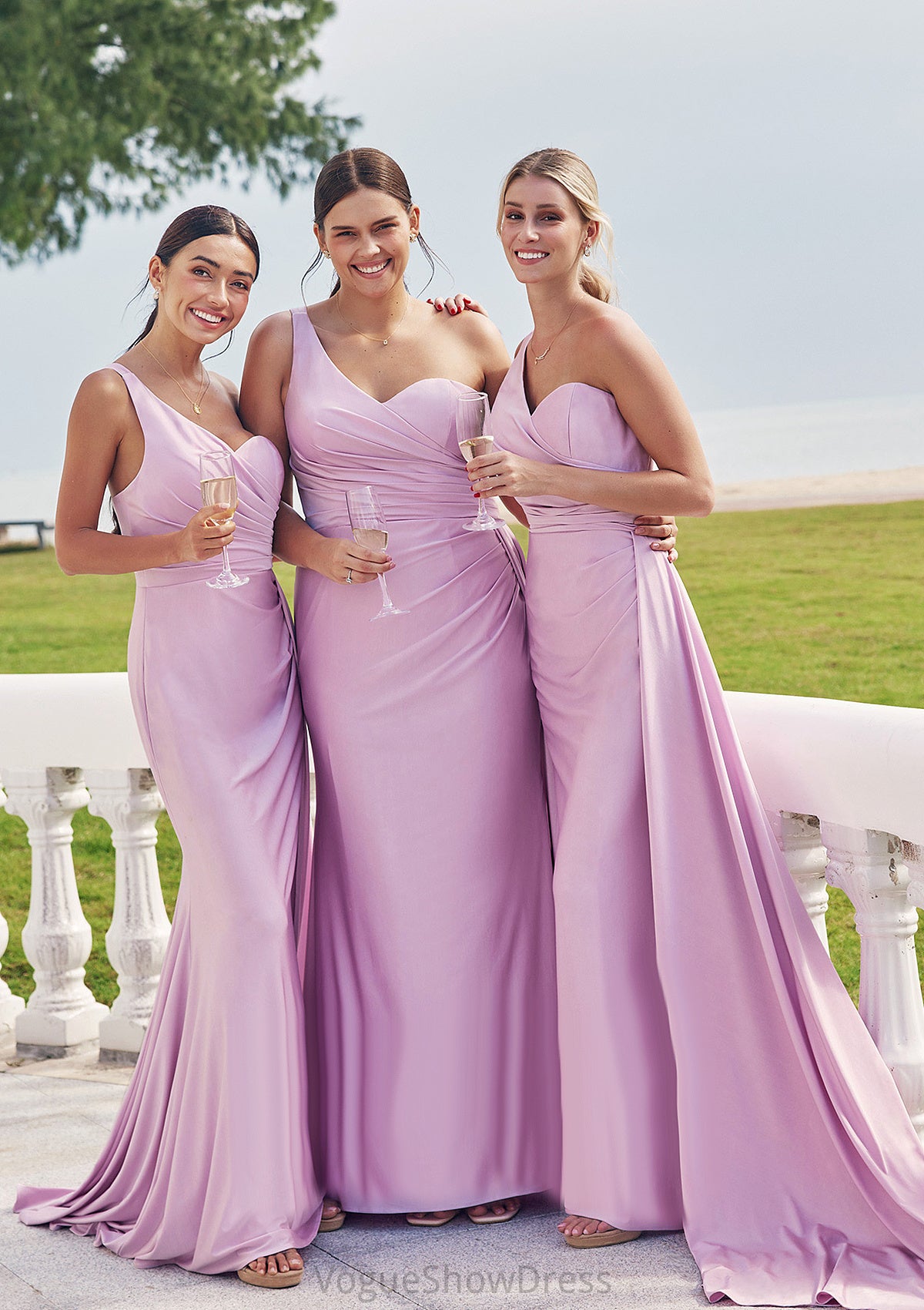 Trumpet/Mermaid One-Shoulder Sleeveless Floor-Length Jersey Bridesmaid Dresses with Pleated Side Draping Elisa DLP0025234