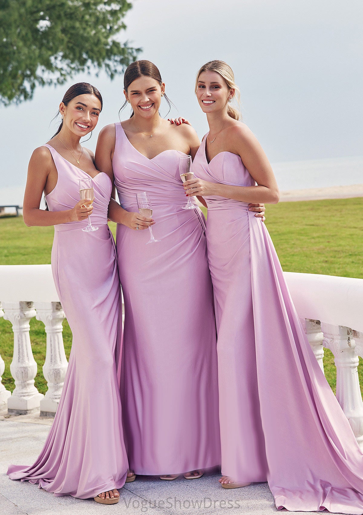 Trumpet/Mermaid One-Shoulder Sleeveless Floor-Length Jersey Plus Size Bridesmaid Dresses with Pleated Side Draping Maud DLP0025235