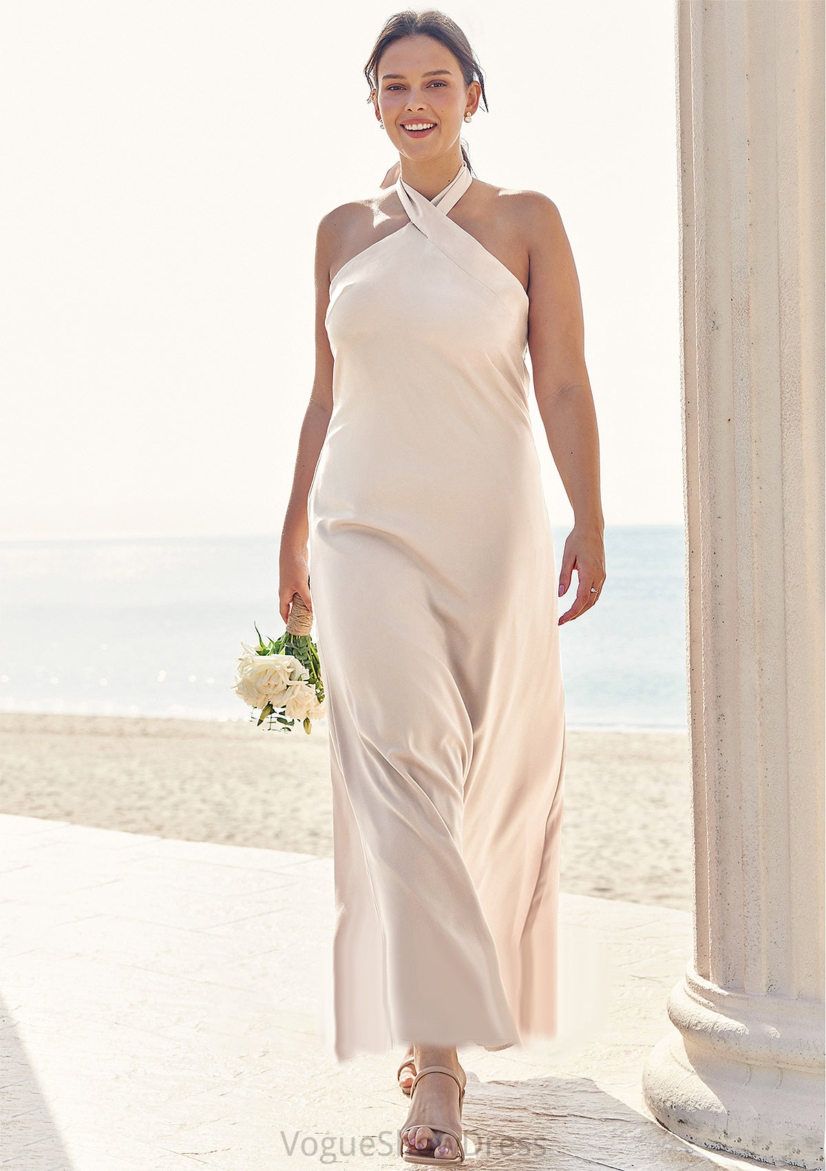 Sheath/Column Halter Sleeveless Ankle-Length Stretch Satin Plus Size Bridesmaid Dresses with Bowknot Alyson DLP0025237