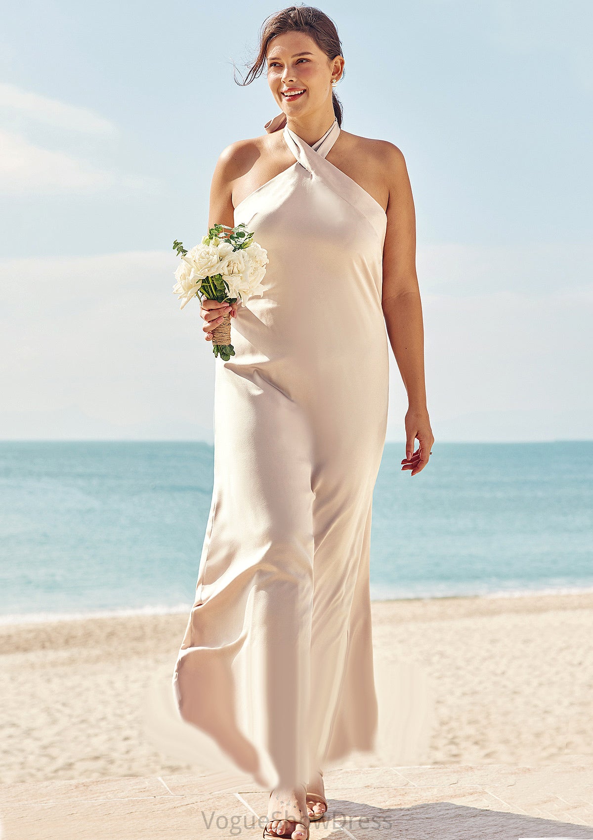 Sheath/Column Halter Sleeveless Ankle-Length Stretch Satin Plus Size Bridesmaid Dresses with Bowknot Alyson DLP0025237