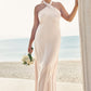 Sheath/Column Halter Sleeveless Ankle-Length Stretch Satin Plus Size Bridesmaid Dresses with Bowknot Alyson DLP0025237