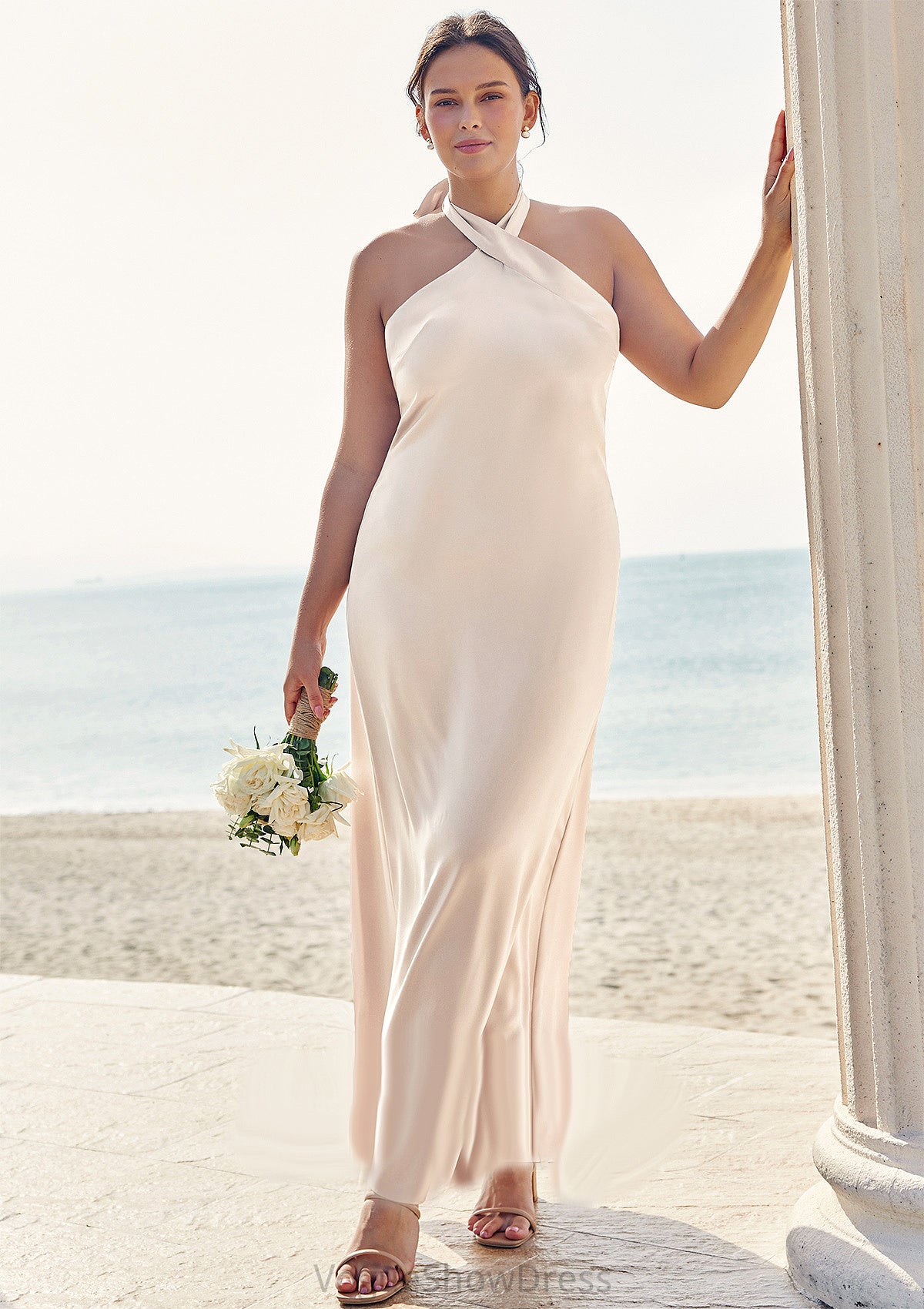 Sheath/Column Halter Sleeveless Ankle-Length Stretch Satin Plus Size Bridesmaid Dresses with Bowknot Alyson DLP0025237