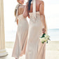 Sheath/Column Halter Sleeveless Ankle-Length Stretch Satin Plus Size Bridesmaid Dresses with Bowknot Alyson DLP0025237