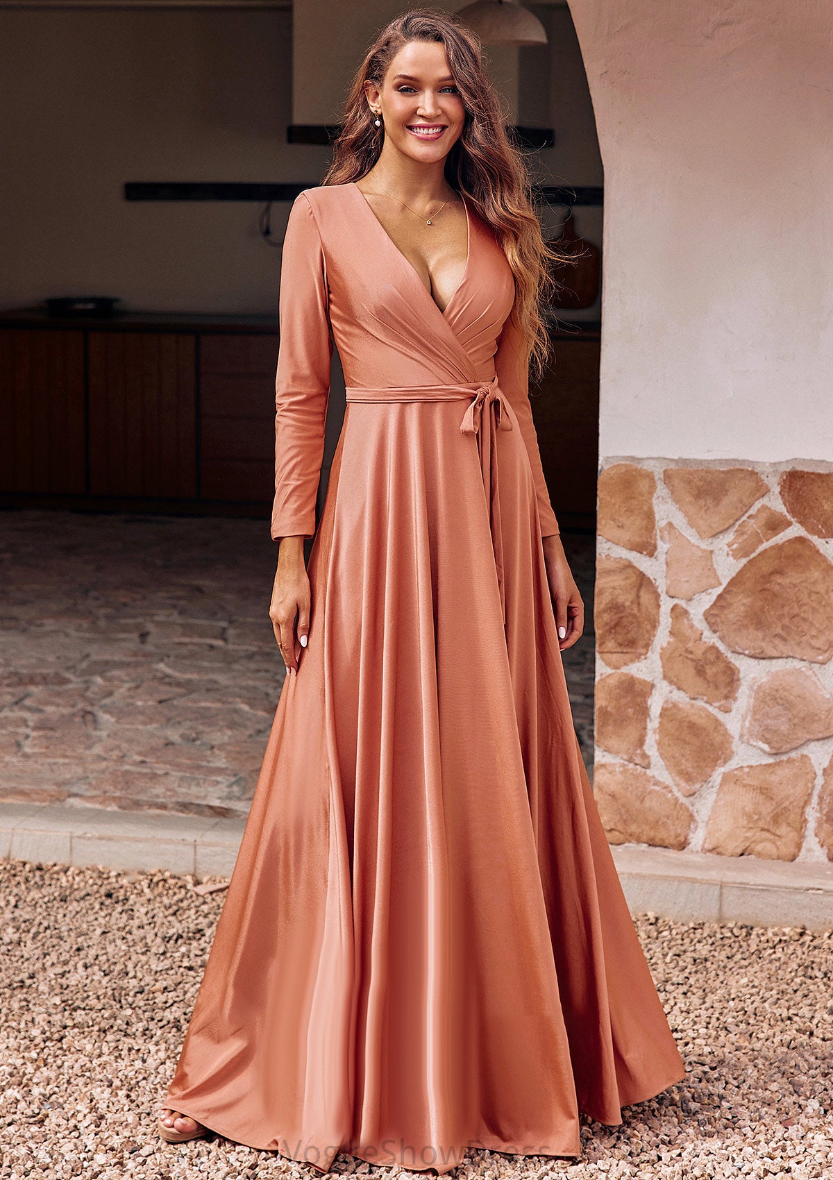 A-line V Neck Full/Long Sleeve Floor-Length Jersey Bridesmaid Dresses with Pleated Sashes Camilla DLP0025246