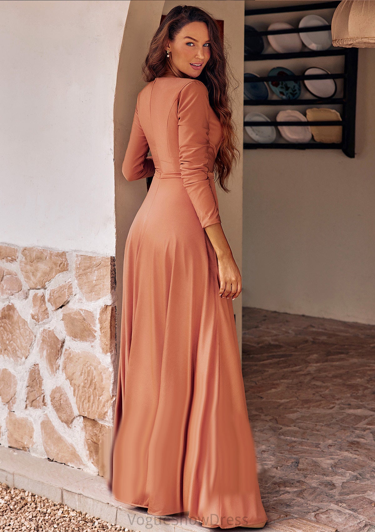 A-line V Neck Full/Long Sleeve Floor-Length Jersey Bridesmaid Dresses with Pleated Sashes Camilla DLP0025246