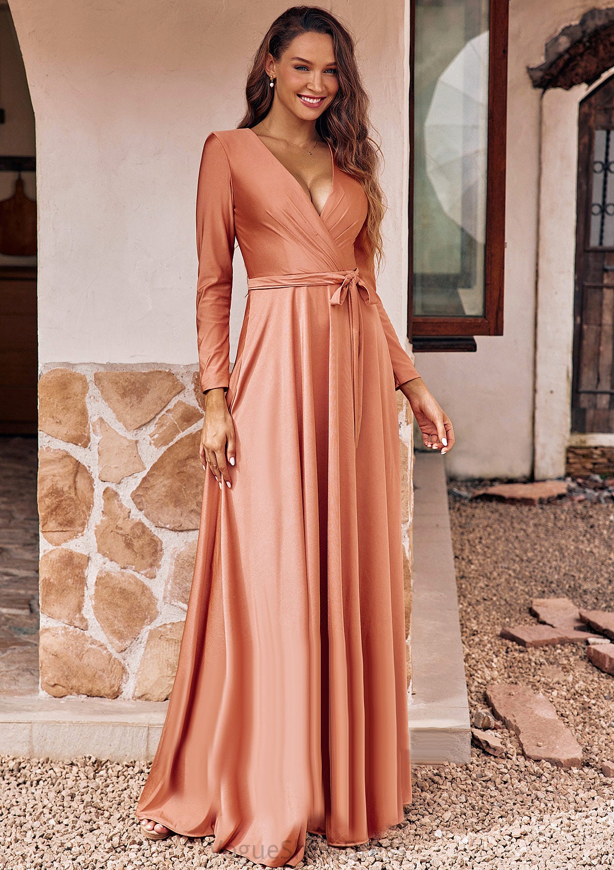 A-line V Neck Full/Long Sleeve Floor-Length Jersey Bridesmaid Dresses with Pleated Sashes Camilla DLP0025246