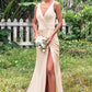 Trumpet/Mermaid V Neck Sleeveless Floor-Length Stretch Satin Bridesmaid Dresses with Pleated Split Sherlyn DLP0025255